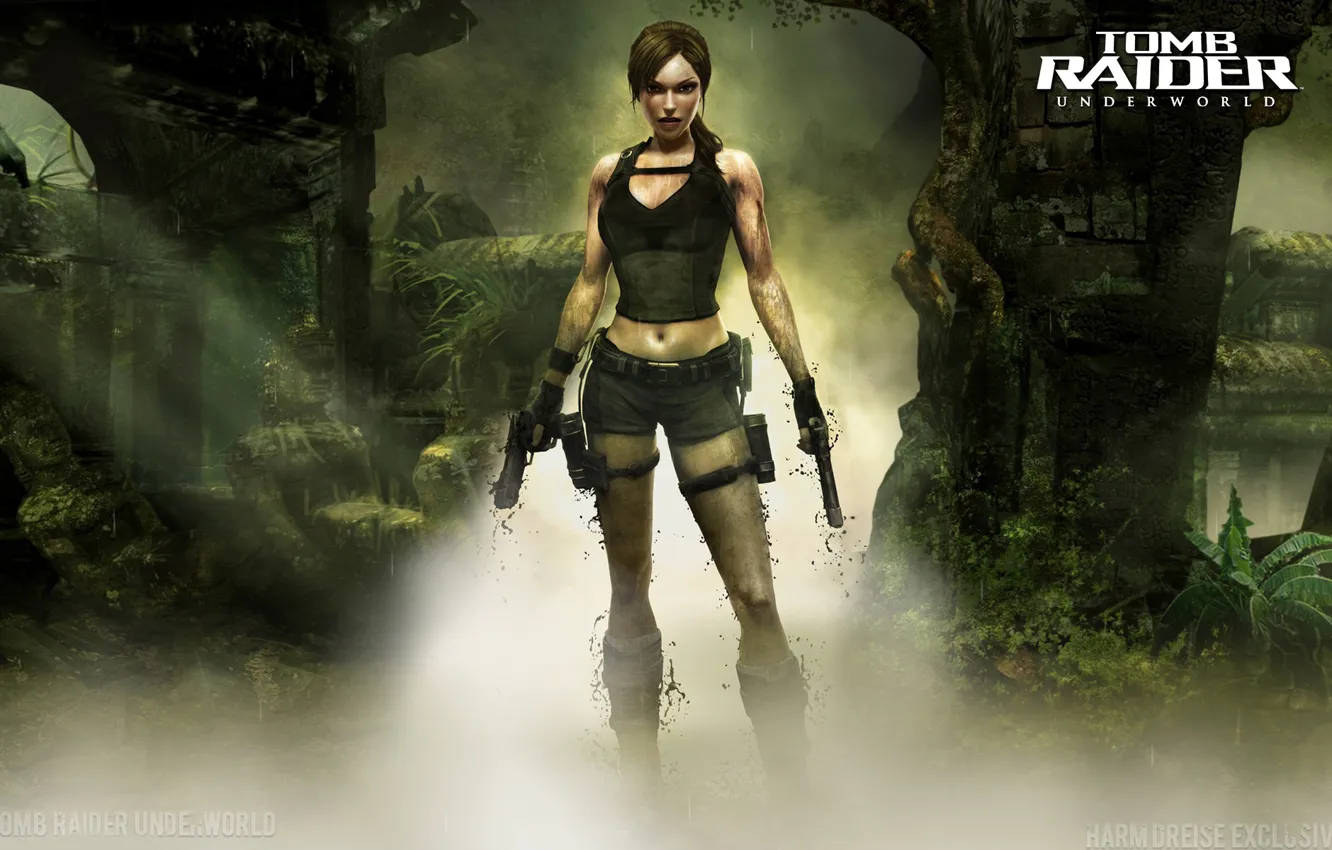 Фото обои девушка, пистолеты, грязь, Tomb Raider, Лара Крофт, Lara Croft, расхитительница гробниц, Tomb Raider: Underworld