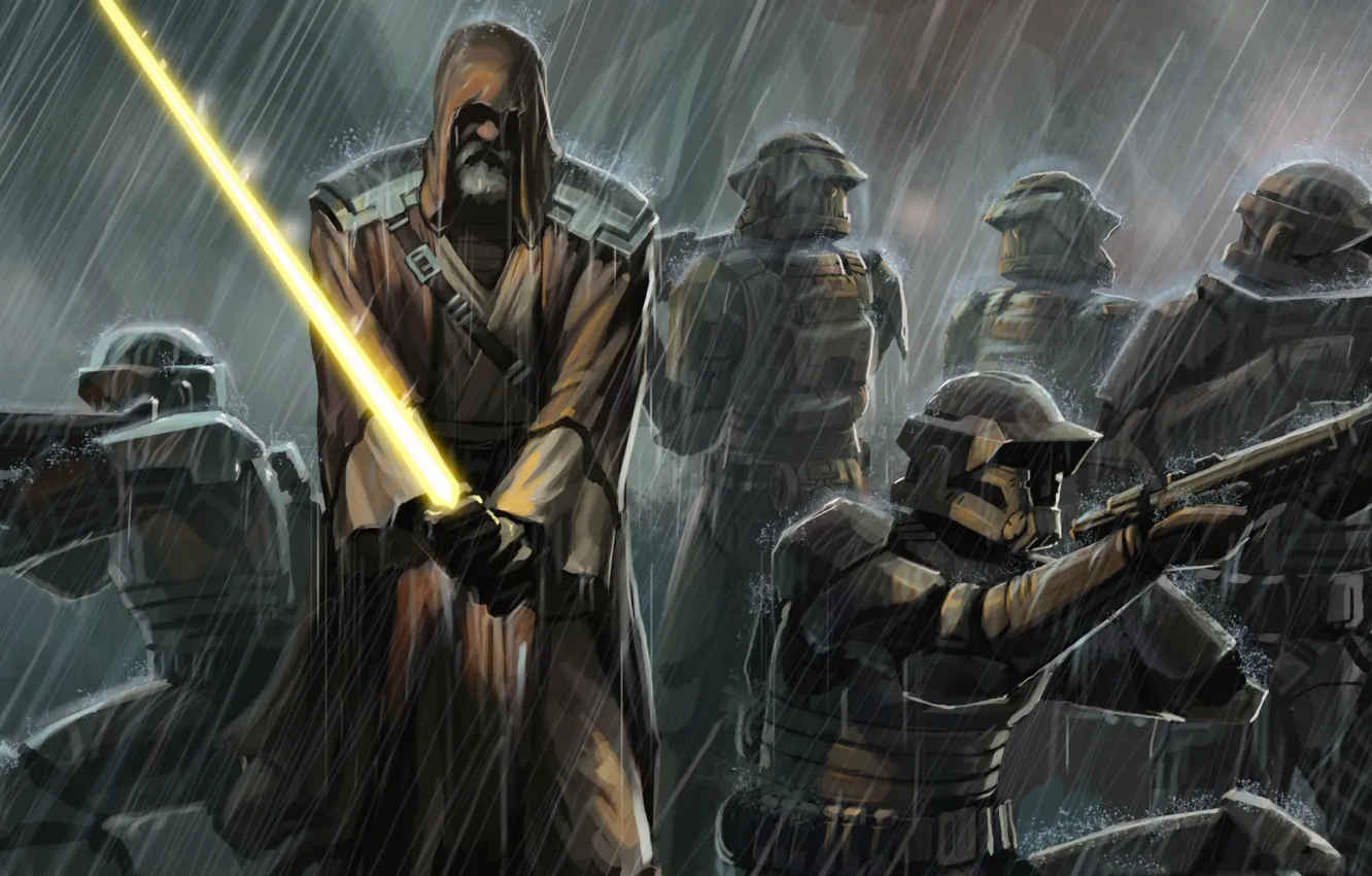 Фото обои дождь, меч, Star Wars, джедай, клоны