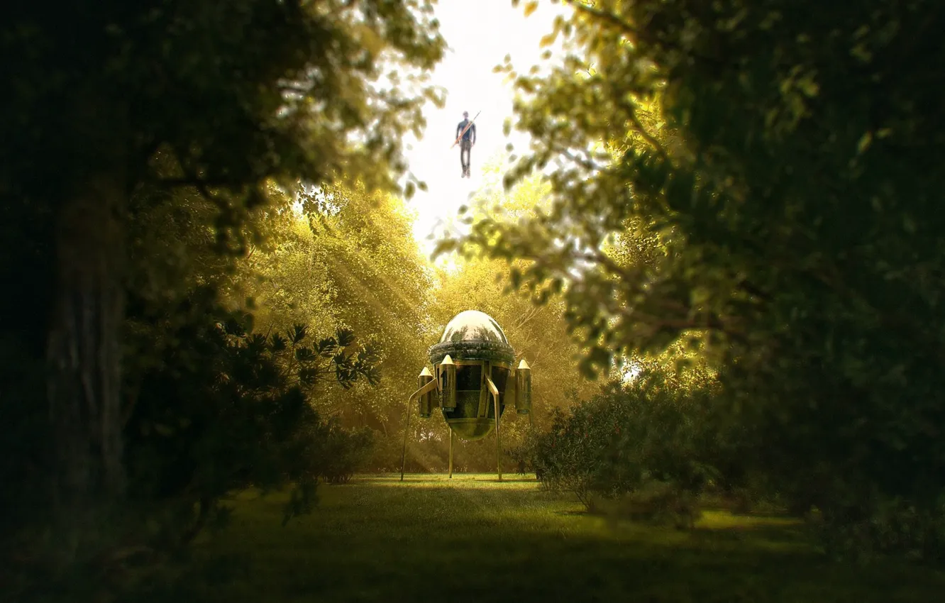 Фото обои лес, поляна, аппарат, Trunks Arrival