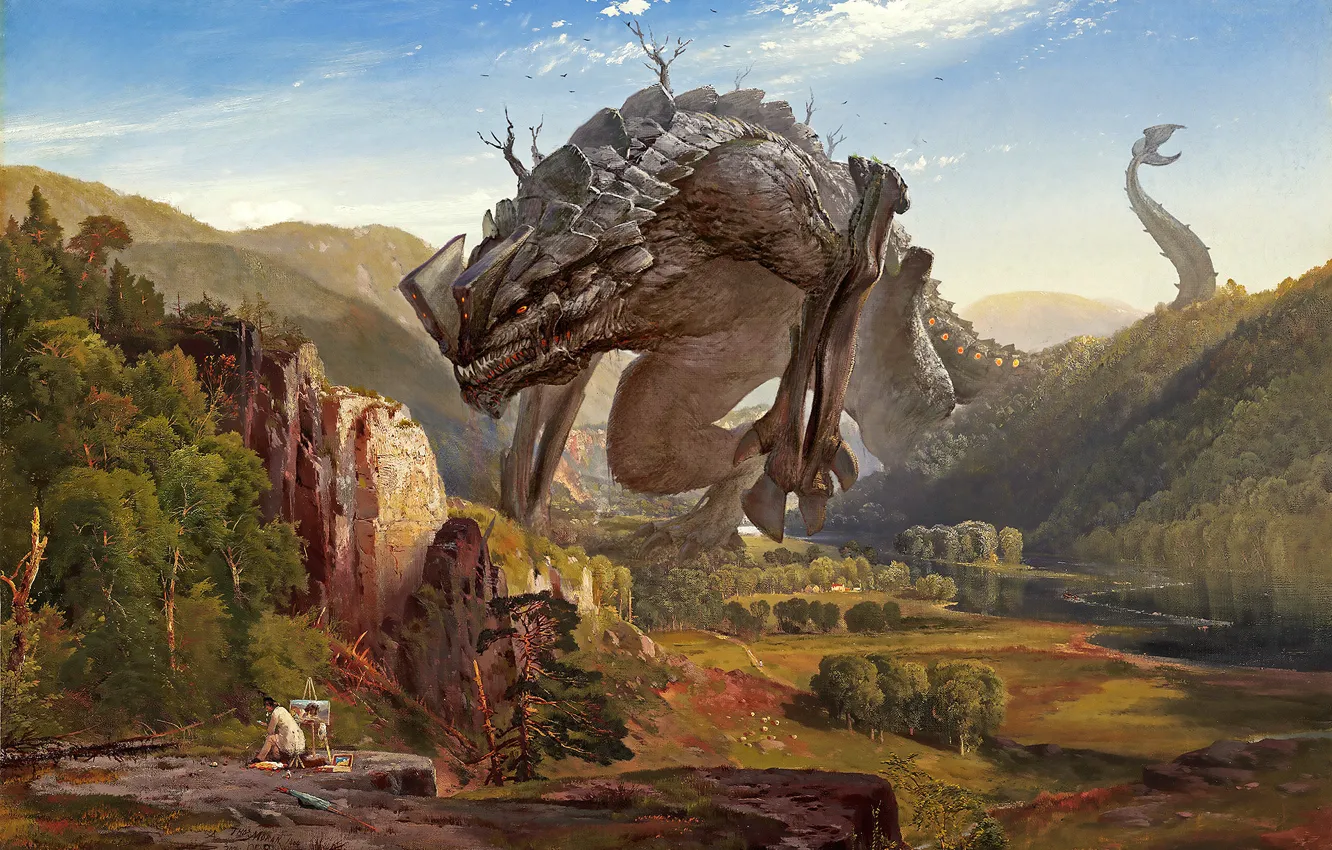 Фото обои лес, небо, горы, река, монстр, долина, арт, чудище