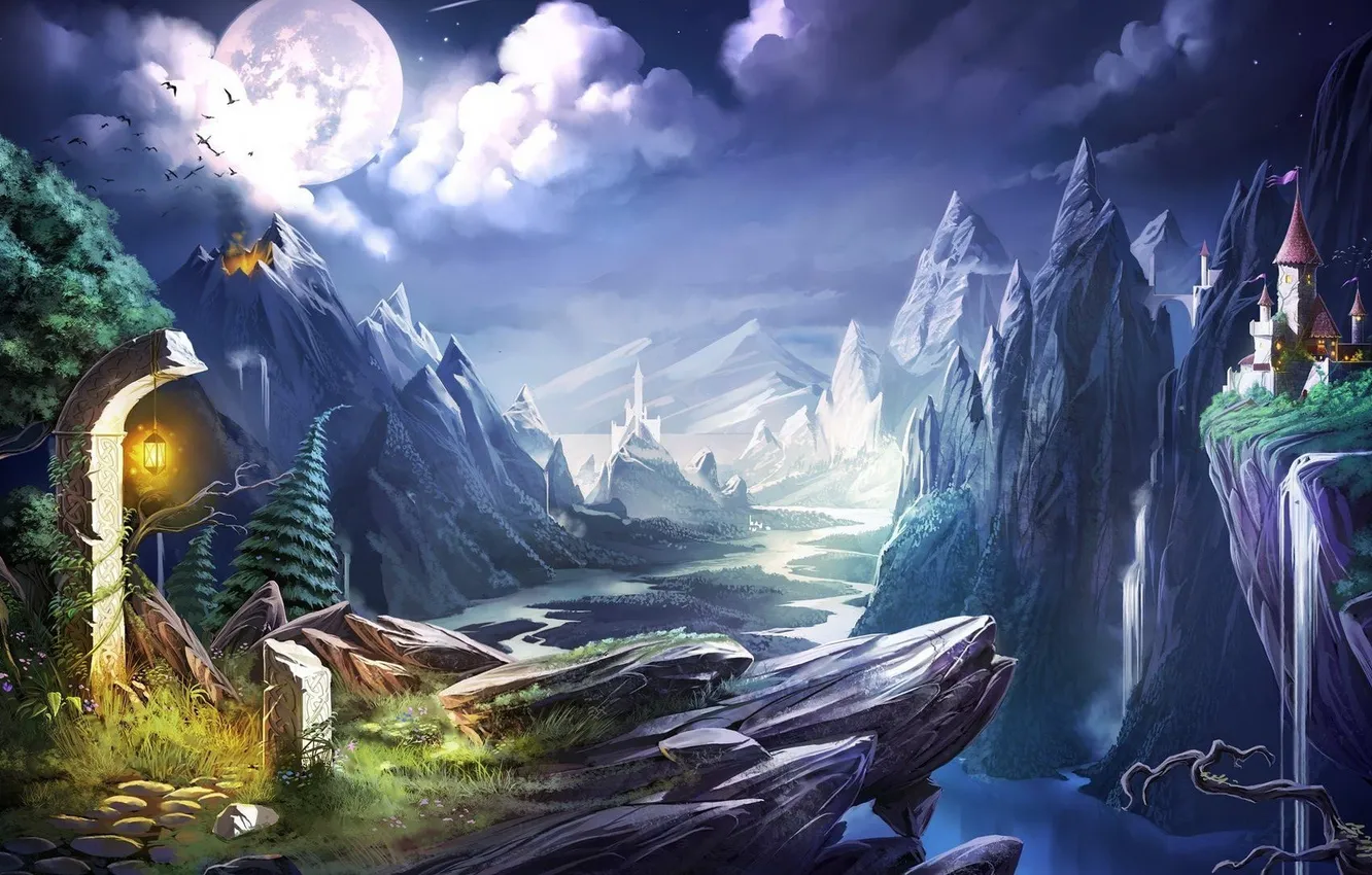 Фото обои пейзаж, горы, река, замок, обрыв, скалы, луна, фонарь