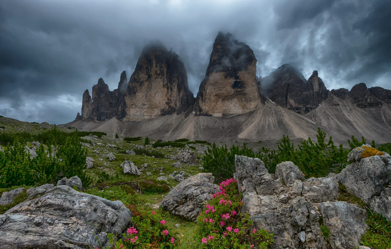 Фото обои пейзаж, горы, тучи, природа, камни, растительность, Италия, кусты