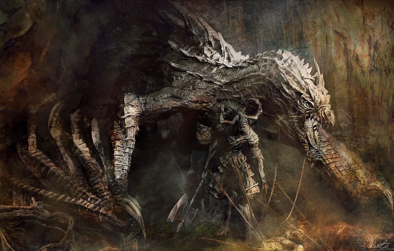 Фото обои дракон, гоблин, секира, fantasy art, Keita Okada