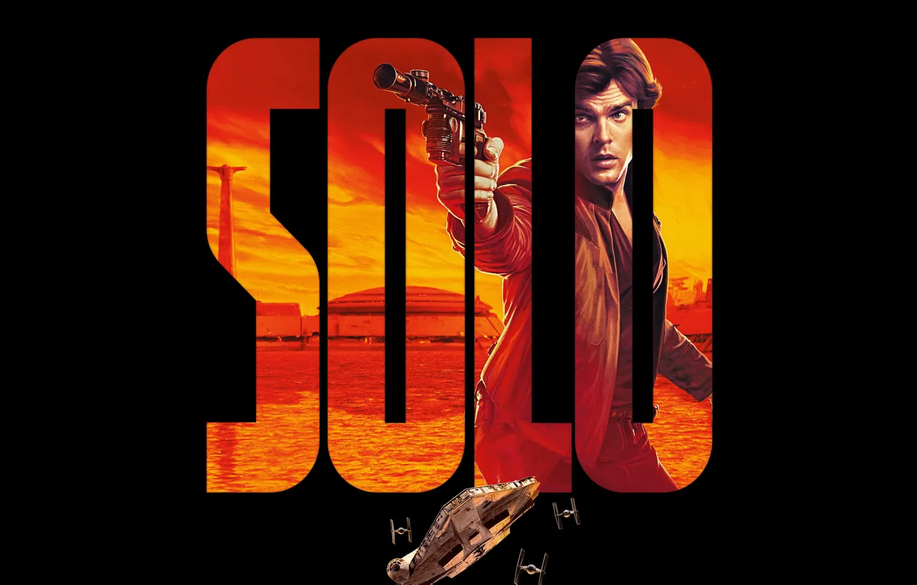 Фото обои пистолет, оружие, фантастика, черный фон, постер, Han Solo, Олден Эренрайк, Alden Ehrenreich