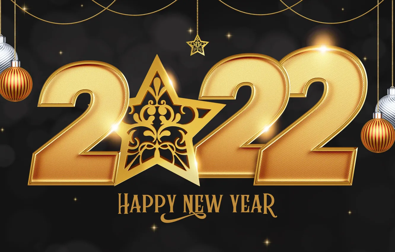 Фото обои шарики, фон, звезда, цифры, Новый год, золотые, 2022