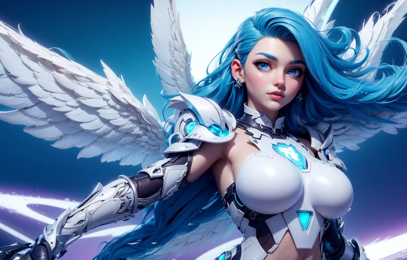 Фото обои girl, fantasy, armor, science fiction, wings, blue eyes, sci-fi, neon