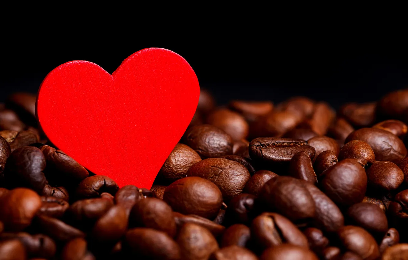 Фото обои красное, сердце, кофе, зерна, сердечко