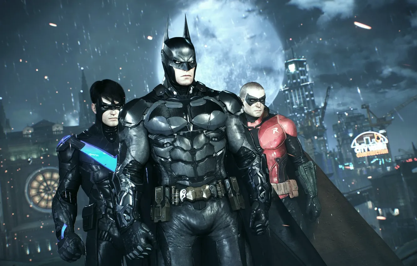 Фото обои City, Batman, Robin, Nightwing, Arkham Knight
