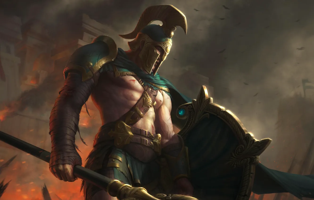 Фото обои art, warrior, video game, smite, Battleworn achilles