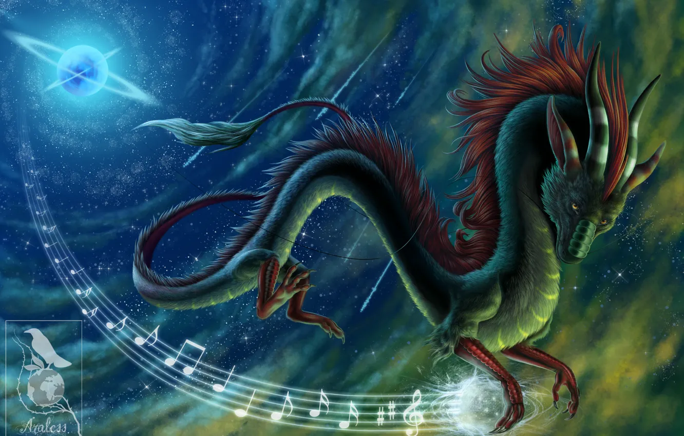 Фото обои звезды, ночь, ноты, музыка, дракон, китайский дракон, восточный дракон