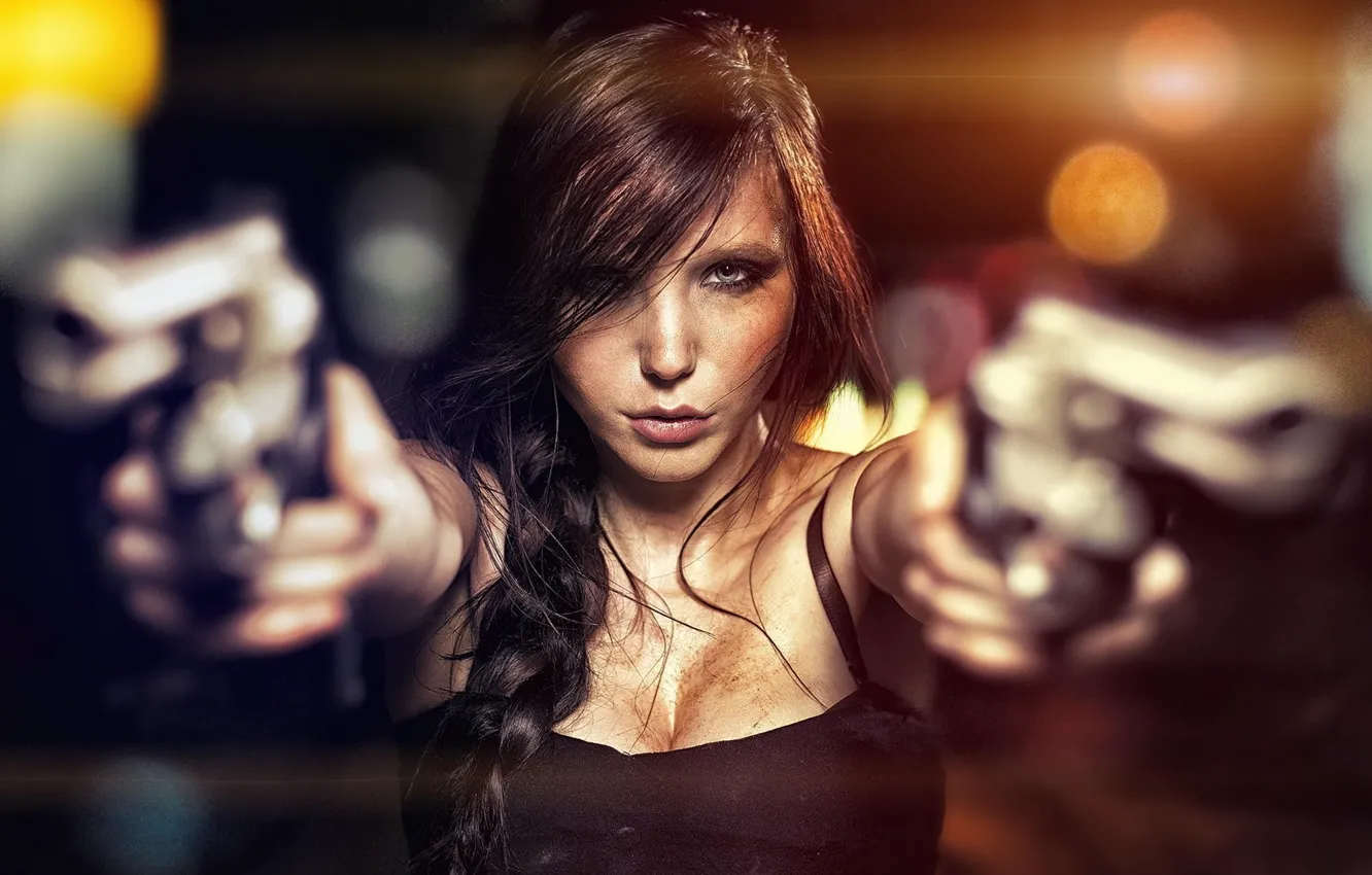 Фото обои Girl, guns, pistols, woman, two, lady, pose, threat