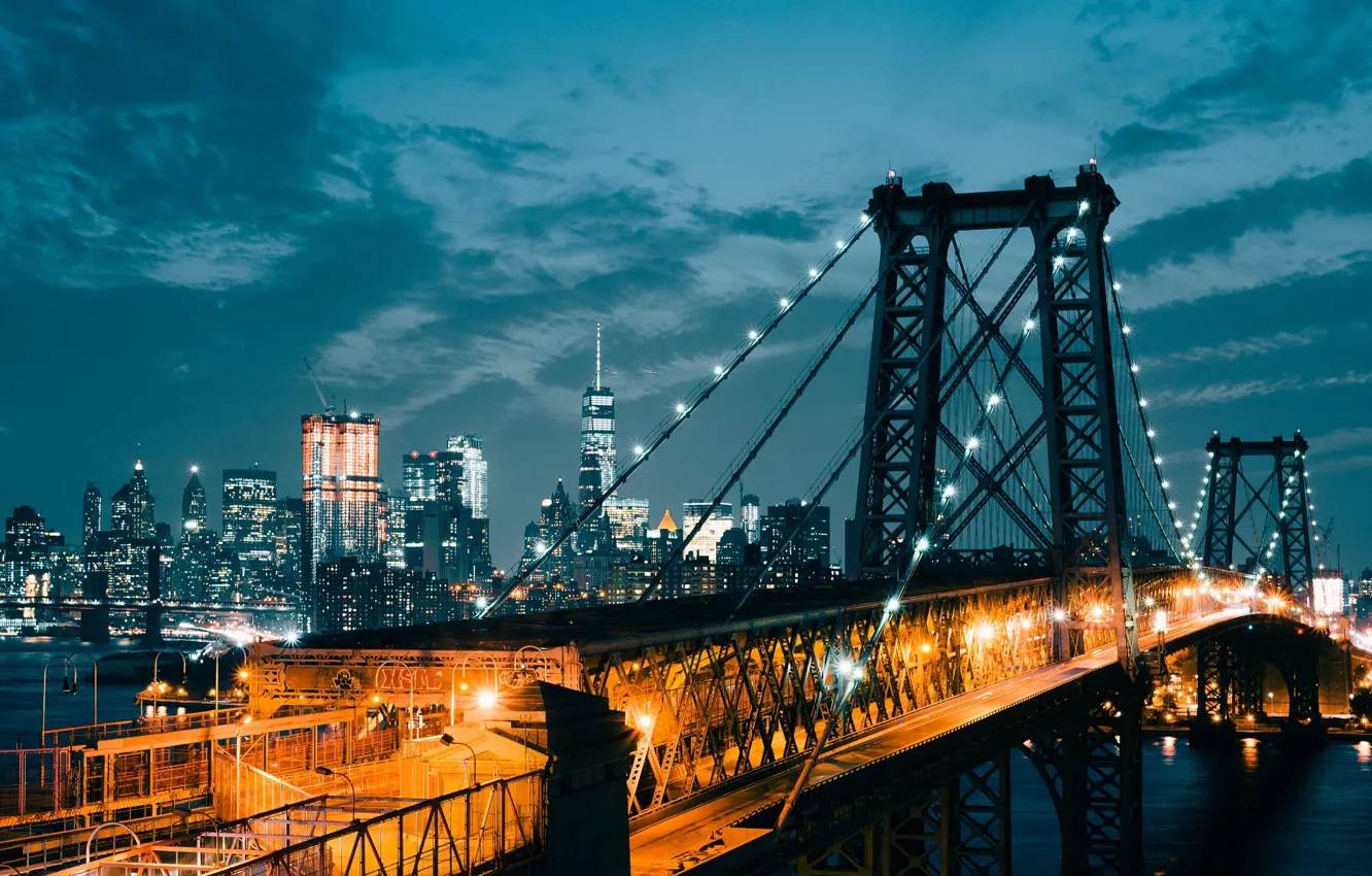 Фото обои свет, ночь, мост, город, огни, США, Нью - Йорк