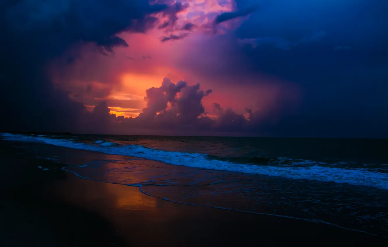 Фото обои море, волны, пляж, небо, пейзаж, закат, красота