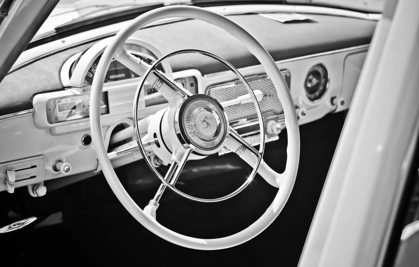 Фото обои ретро, black & white, руль, СССР, Волга, салон автомобиля, ГАЗ-21