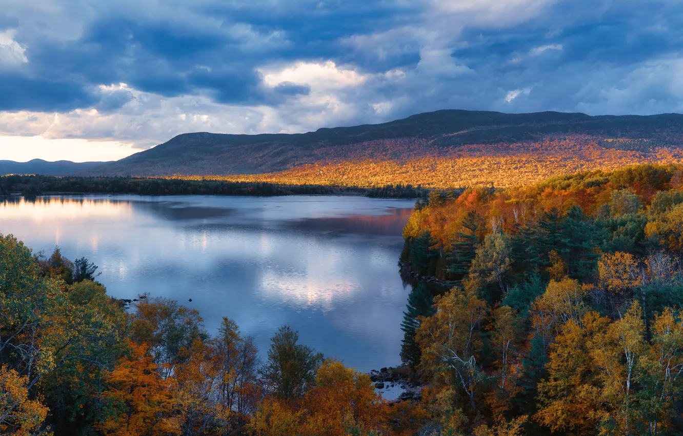 Фото обои осень, лес, горы, озеро, Штат Мэн