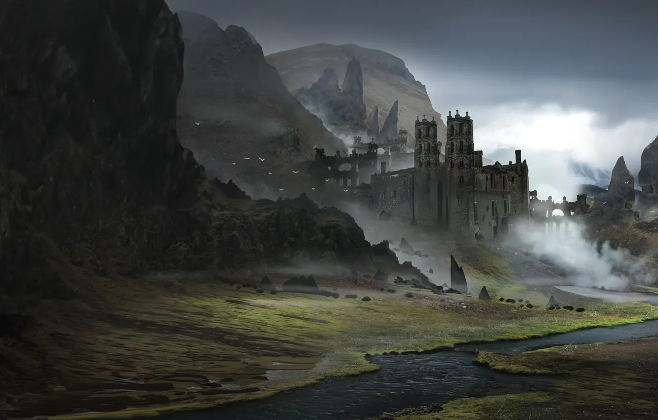 Фото обои Fantasy, Landscape, Castle, Mountains, Iceland, Concept Art, Environments, Alejandro Olmedo