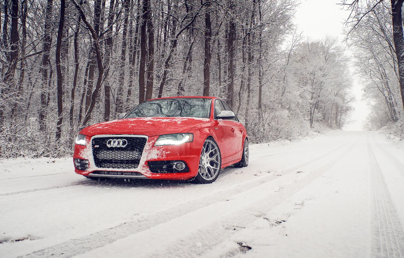 Фото обои зима, снег, Audi, ауди, перед, red, красная, winter