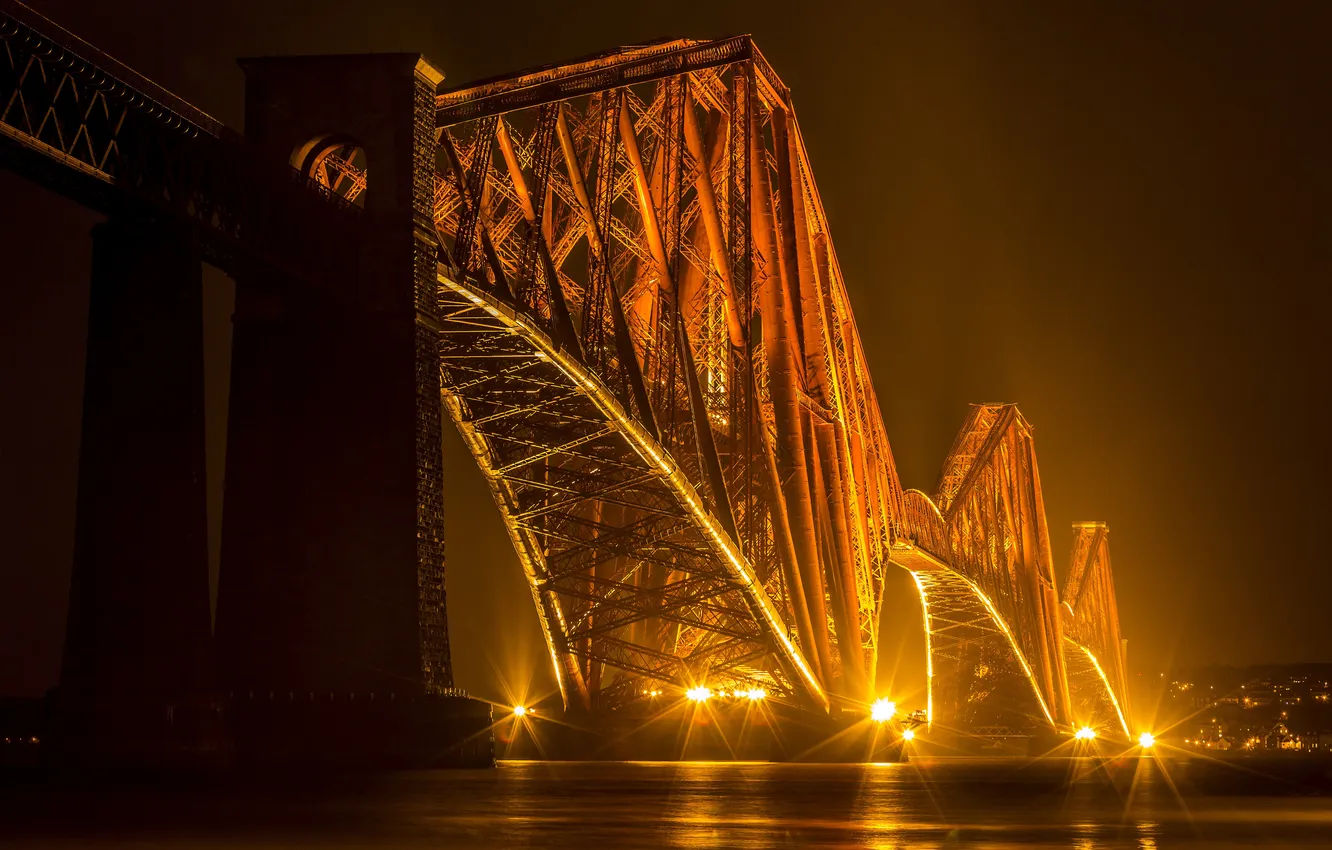 Фото обои ночь, мост, огни, Шотландия, залив, Edinburgh, Forth Bridges