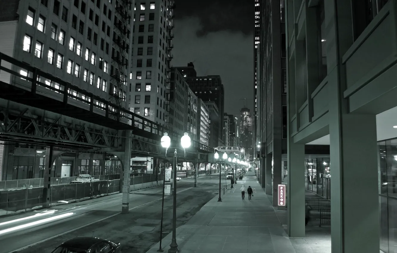 Фото обои ночь, город, огни, улица, небоскребы, чикаго, Chicago