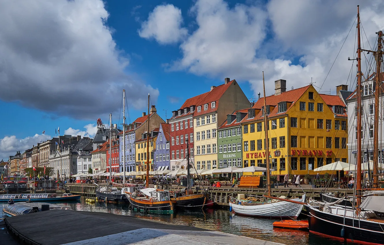 Фото обои лодки, Дания, канал, набережная, Denmark, Копенгаген, Nyhavn