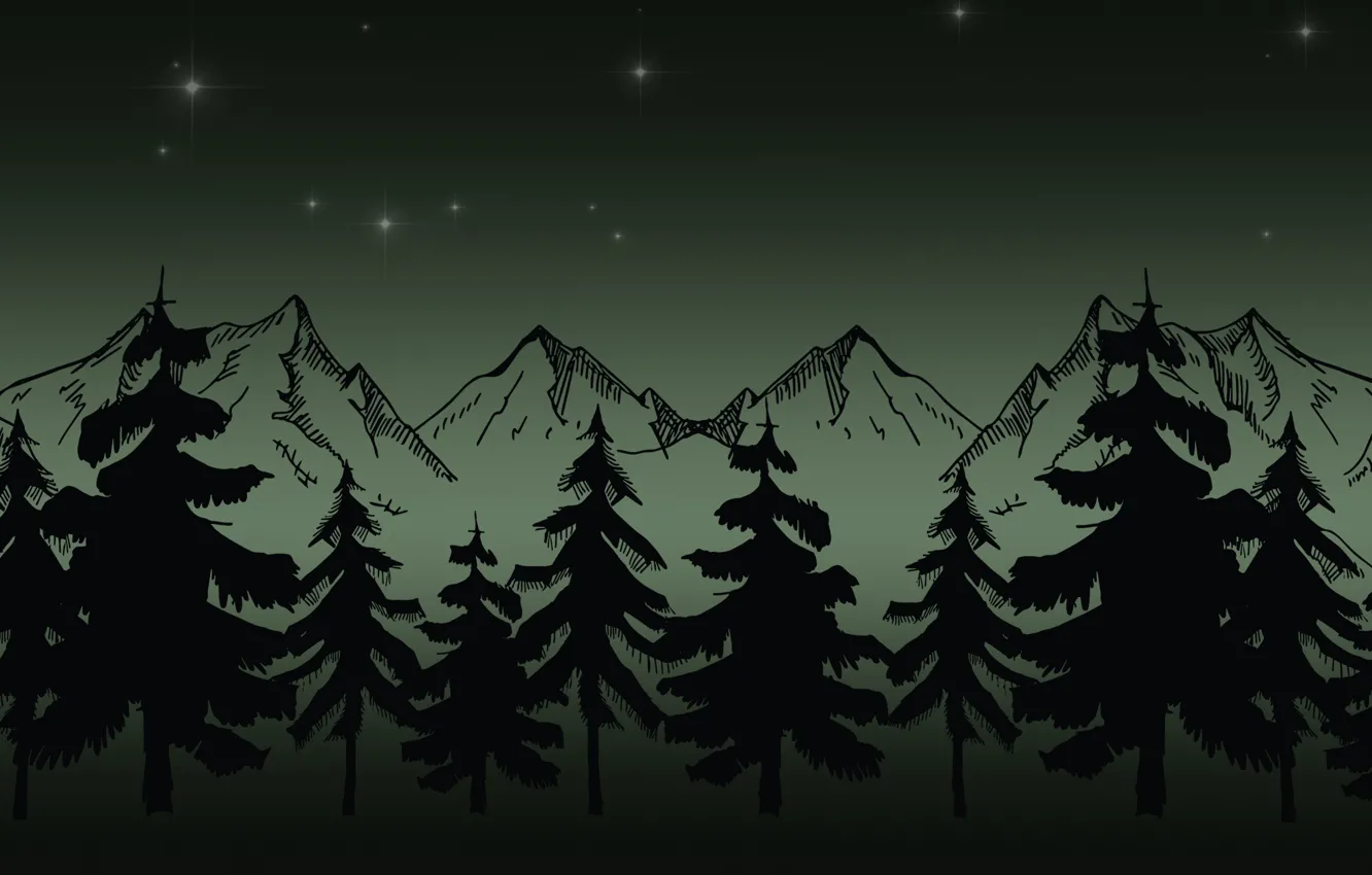 Фото обои горы, ночь, пeзды, ёлки зеленые