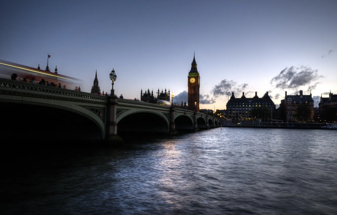 Фото обои мост, река, часы, Лондон, дома, Гиб-Бэн