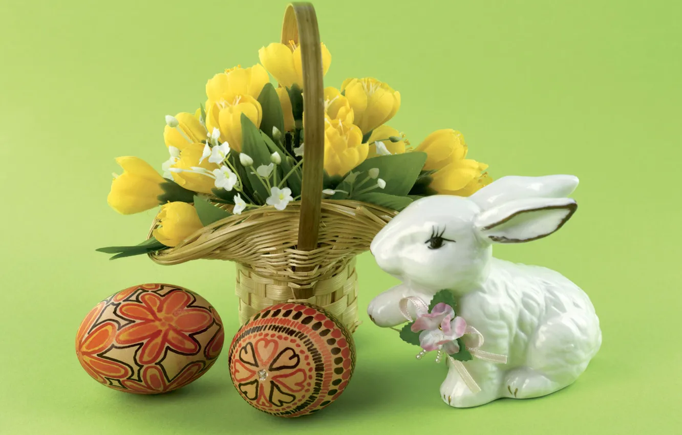 Фото обои цветы, яйца, кролик, Пасха, корзинка, воскресение, писанка