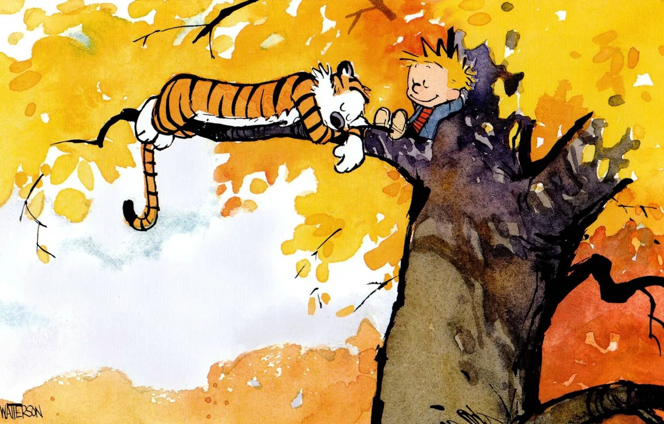 Фото обои тигр, дерево, листва, ребенок, сон, мальчик, комикс, Calvin and Hobbes