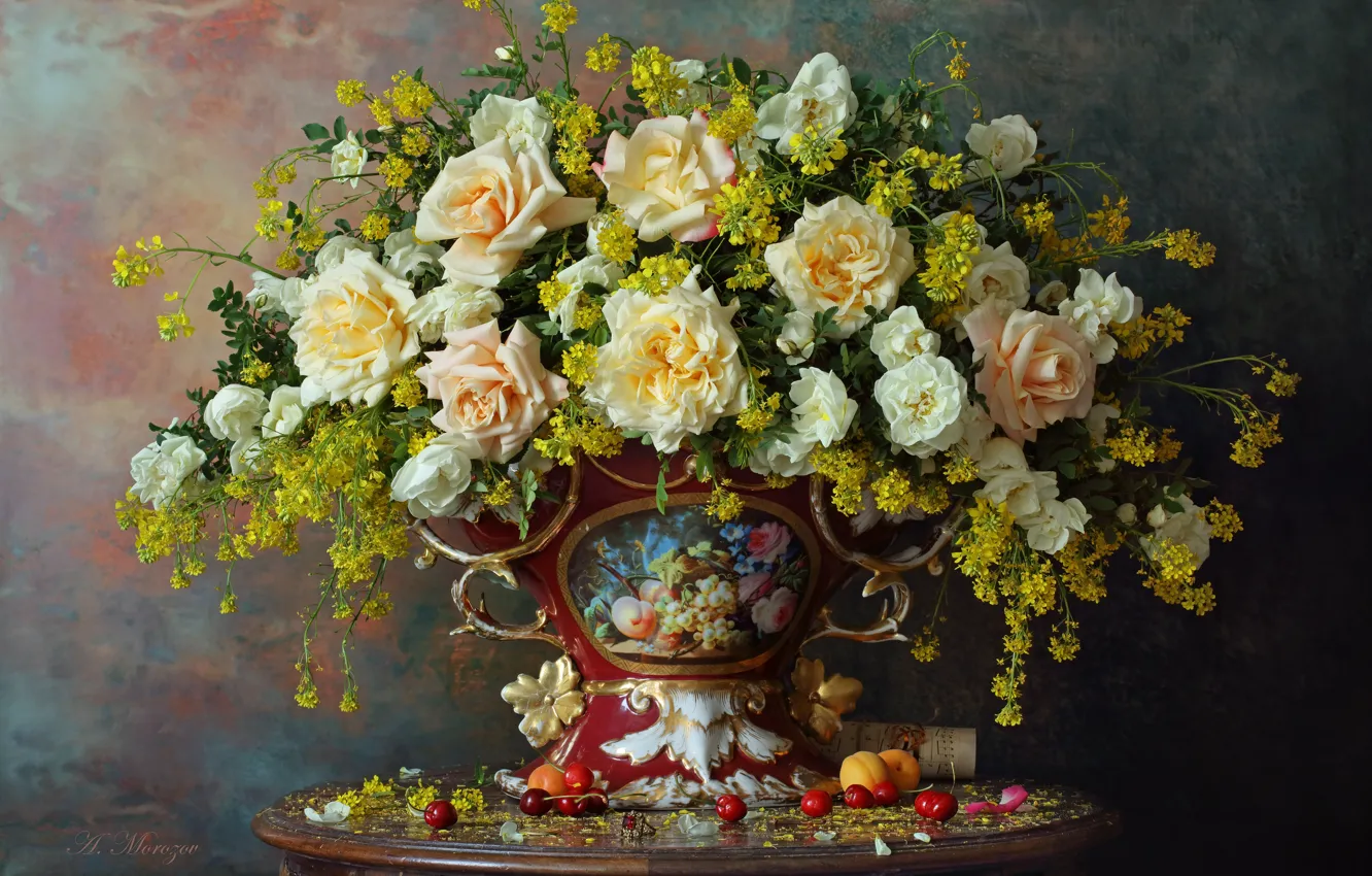 Фото обои цветы, стиль, розы, букет, ваза, натюрморт, Андрей Морозов