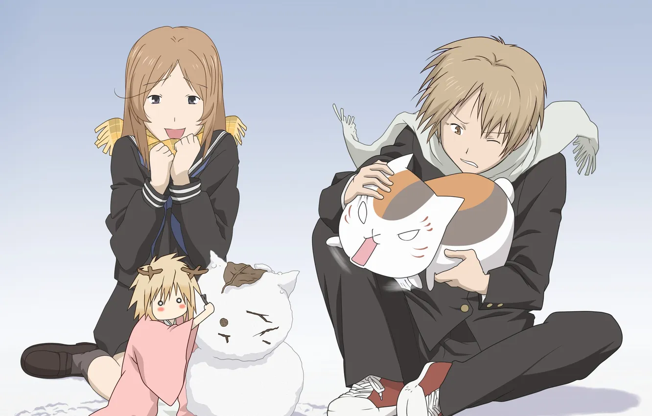 Фото обои кот, девушка, аниме, арт, снеговик, парень, madara, natsume yuujinchou