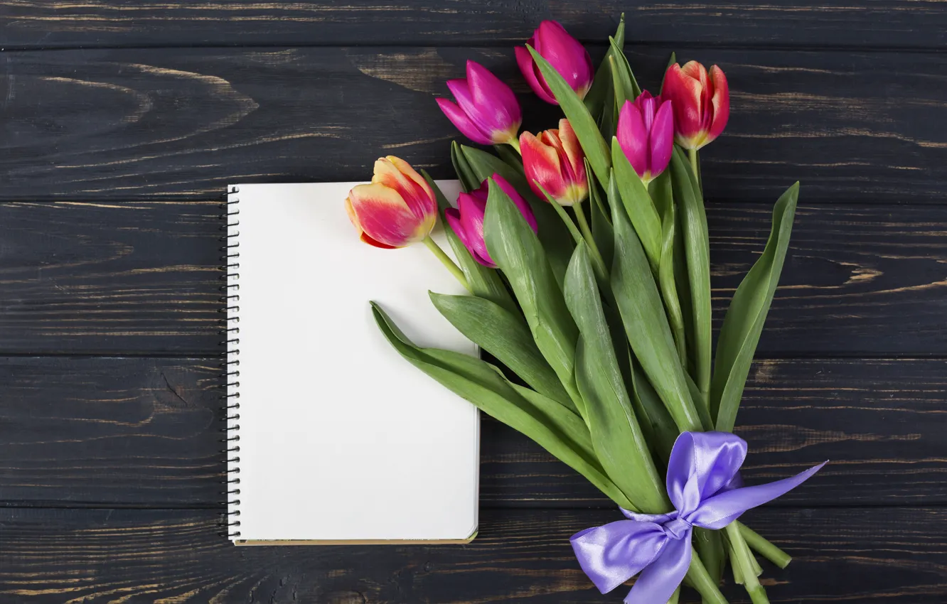 Фото обои букет, тюльпаны, блокнот