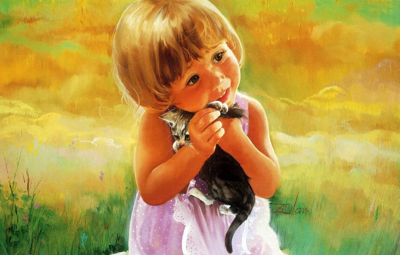 Фото обои котенок, рисунок, ребенок, девочка, живопись