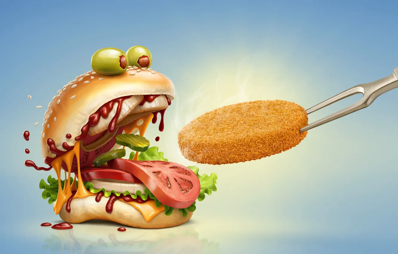 Фото обои юмор, сыр, помидор, гамбургер, котлета, булочка