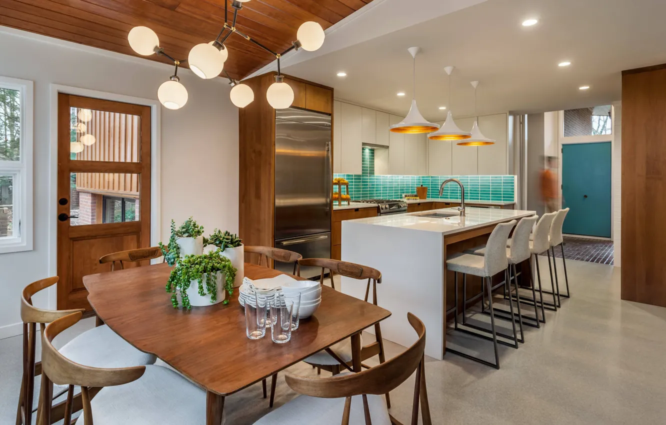 Фото обои дизайн, стиль, интерьер, кухня, столовая, Mid-Century Modern, split level, by Tindall architecture workshop