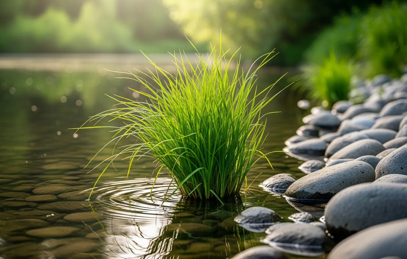Фото обои трава, вода, камни, обои, берег, wallpaper, grass, water