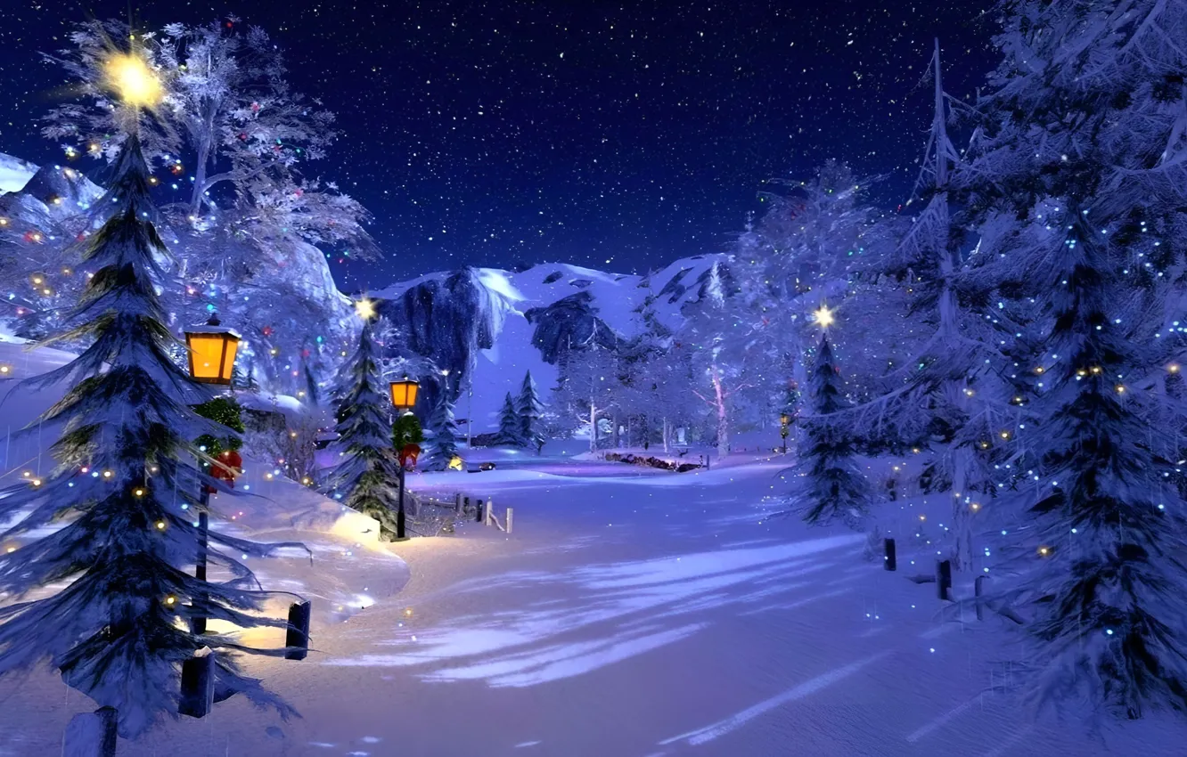 Фото обои Природа, Снег, Лес, Nature, Snow, Winter night, Forest, Зимняя ночь