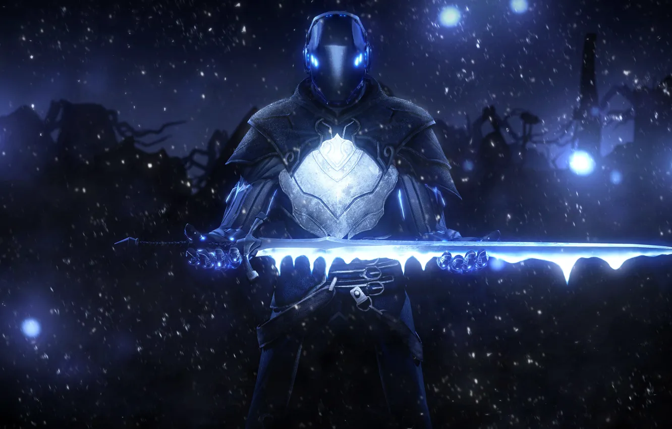 Фото обои меч, доспехи, арт, шлем, sci-fi, лед. снег