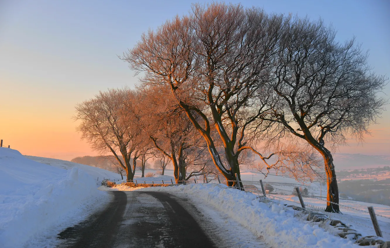 Фото обои зима, дорога, закат