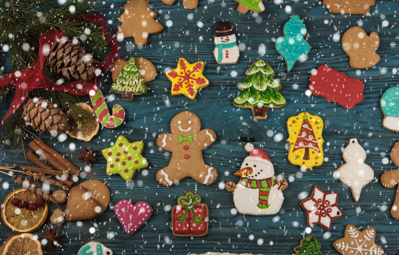 Фото обои снег, Новый Год, печенье, Рождество, wood, Merry Christmas, cookies, decoration