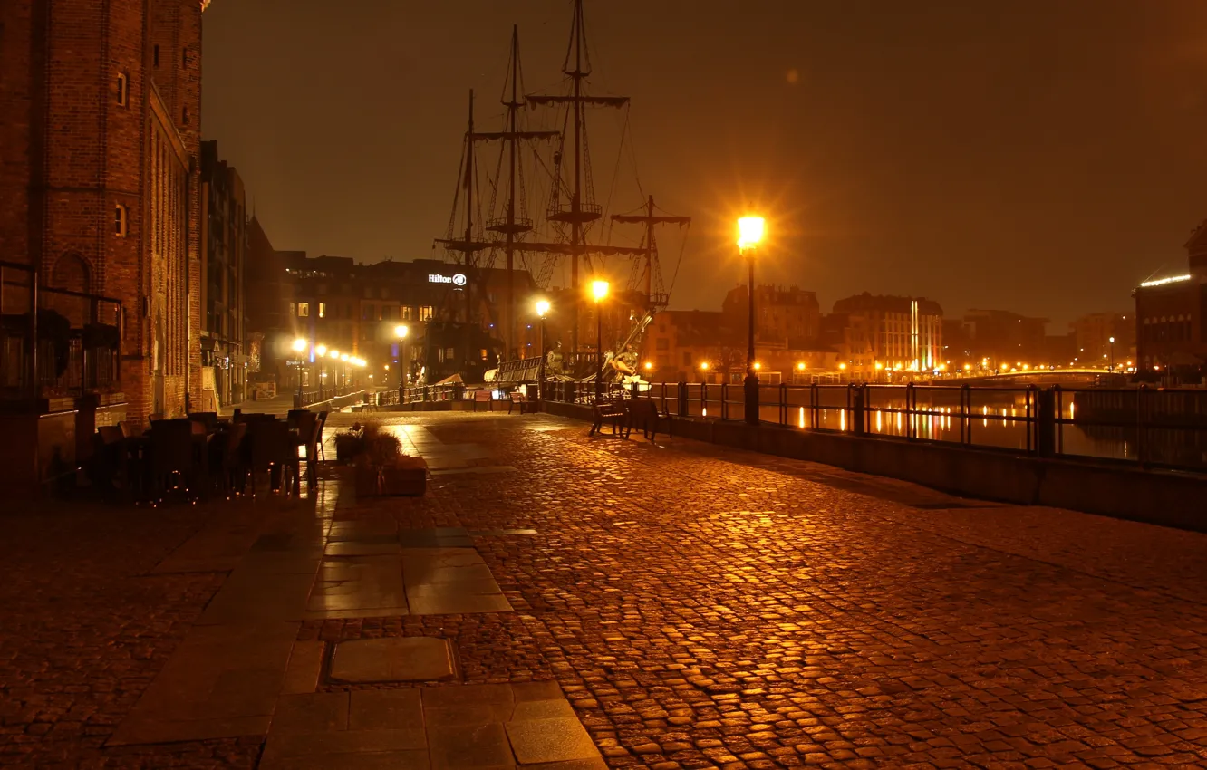 Фото обои Poland, night, wharf, city, Gdańsk