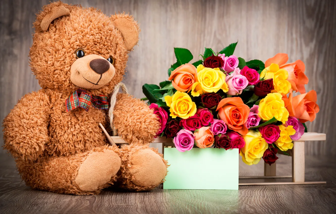 Фото обои любовь, подарок, розы, мишка, love, bear, heart, romantic