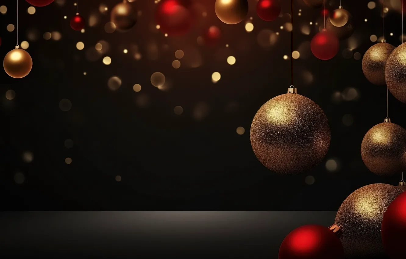 Фото обои украшения, темный фон, шары, Новый Год, Рождество, golden, new year, happy