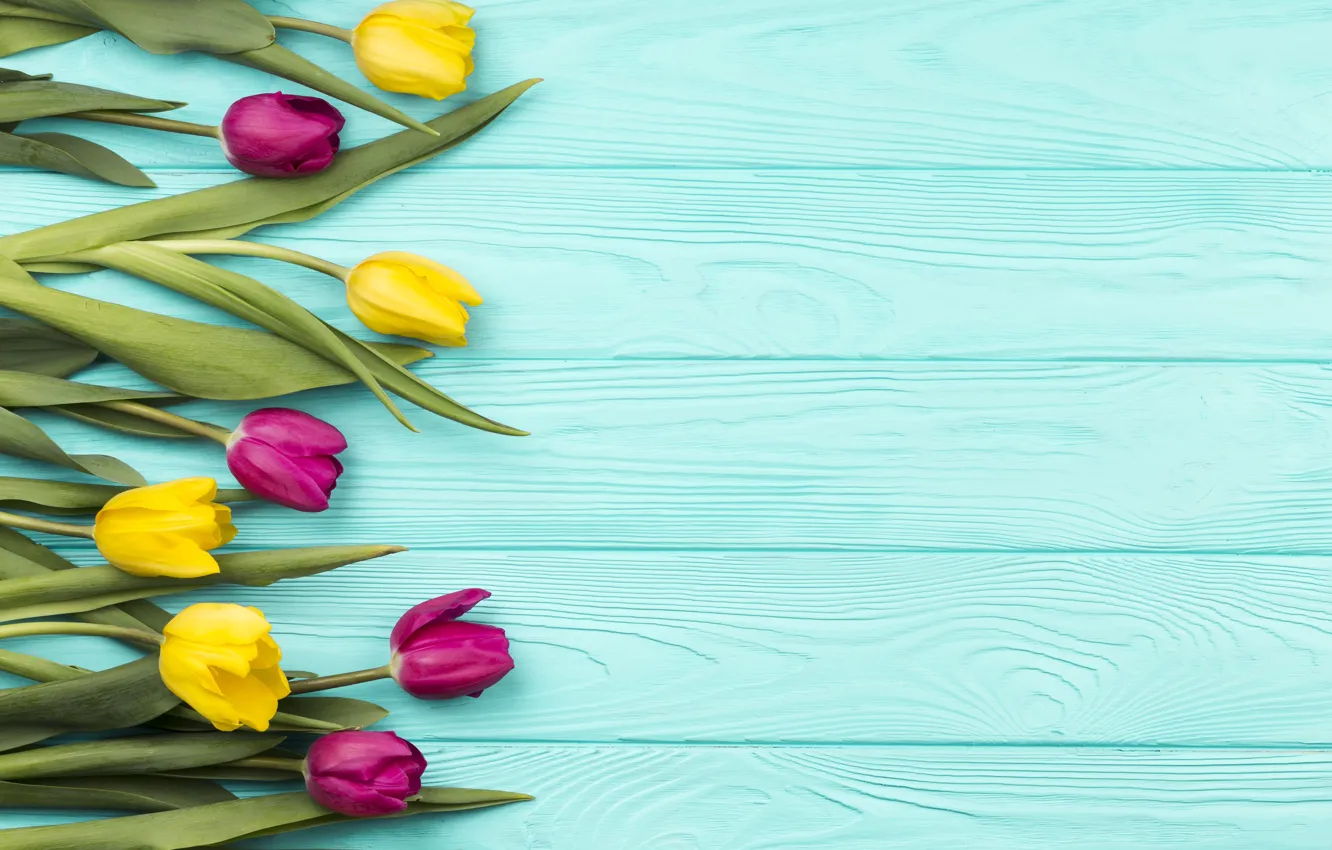 Фото обои цветы, букет, colorful, тюльпаны, yellow, wood, flowers, голубой фон