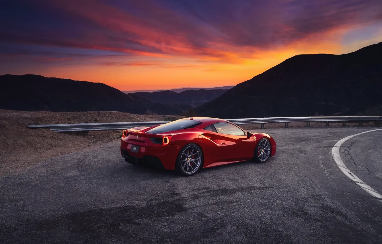 Фото обои небо, закат, горы, вечер, Ferrari, red, GTB, 488