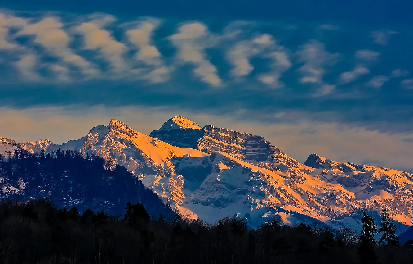Фото обои небо, облака, снег, деревья, закат, горы