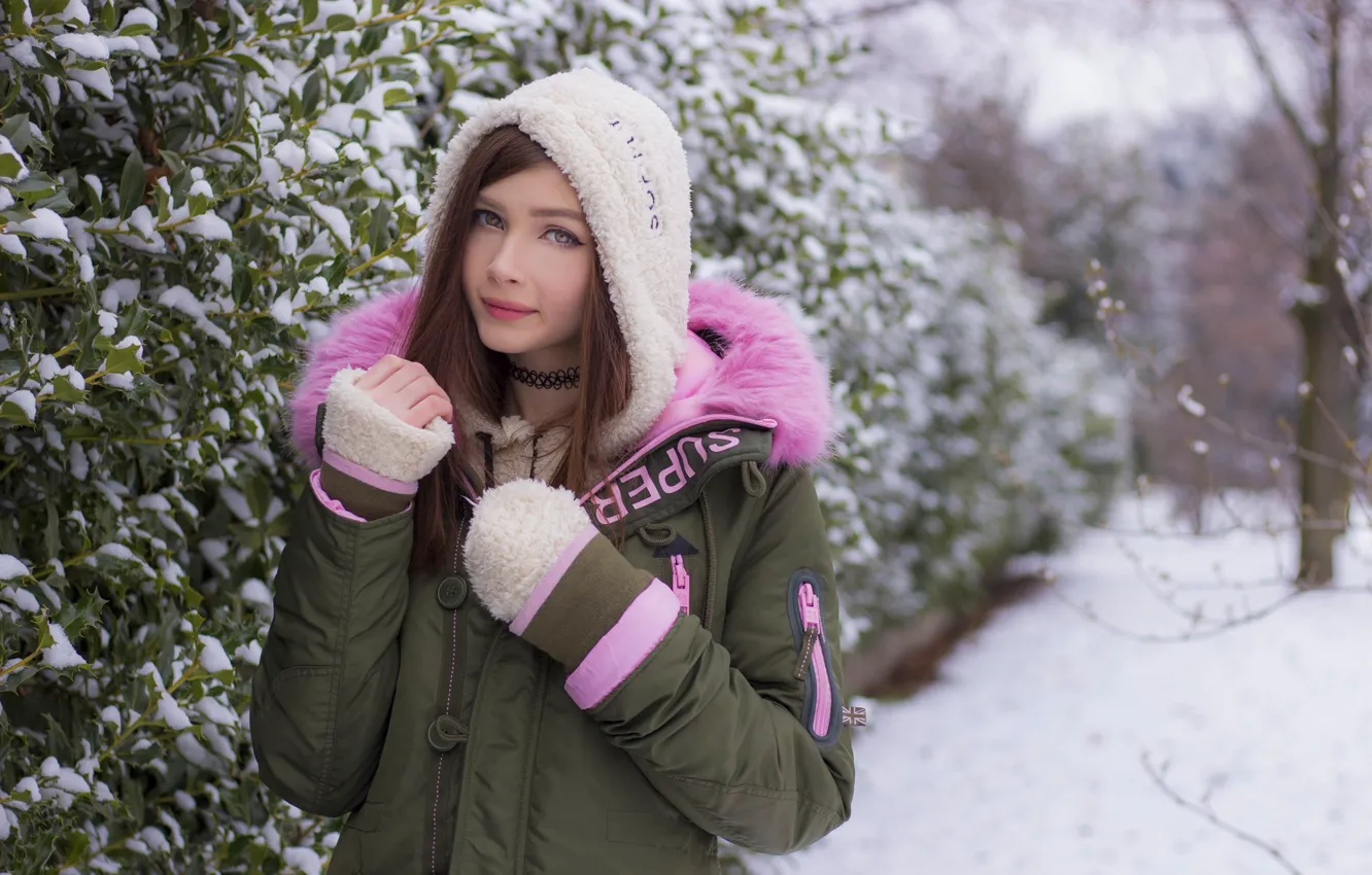 Фото обои зима, взгляд, девушка, снег, милая, куртка, капюшон, красивая