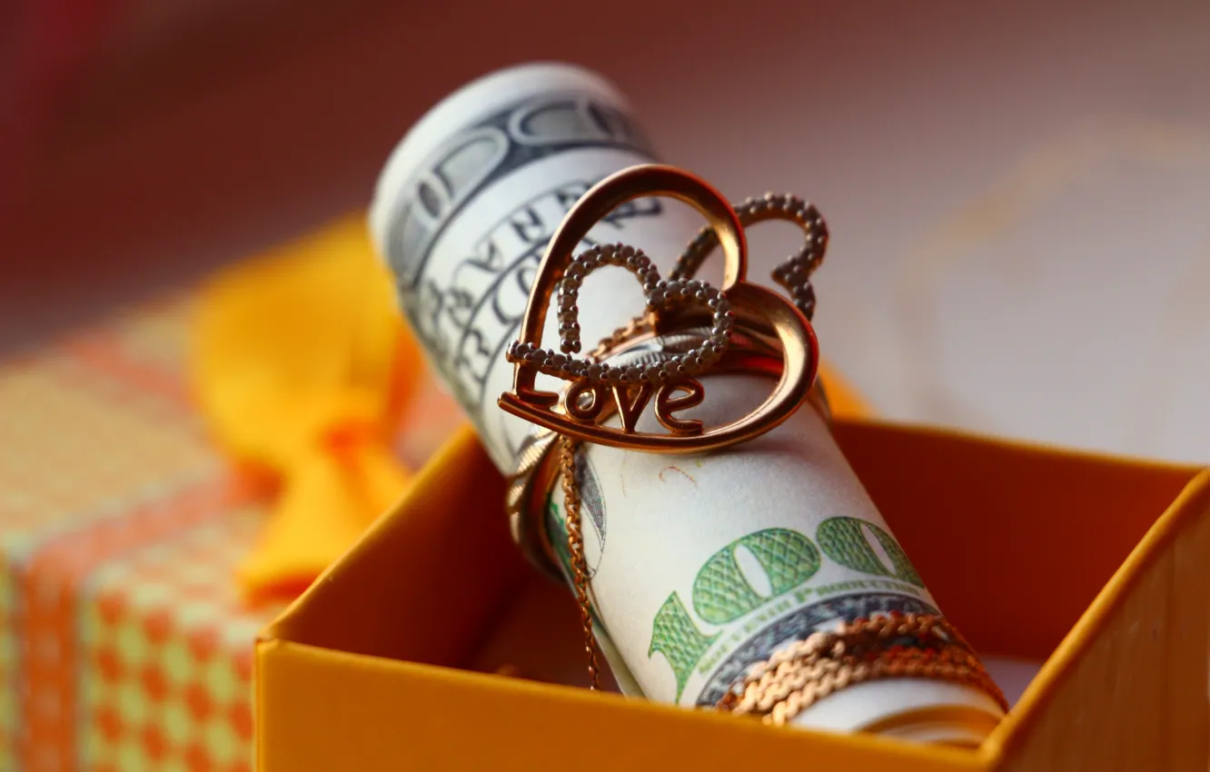 Фото обои макро, сердце, деньги, кольцо, доллары