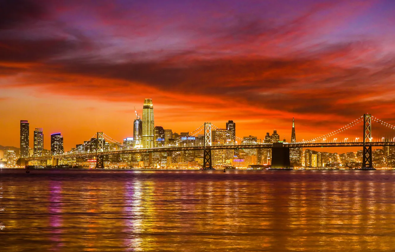 Фото обои небо, ночь, мост, огни, река, дома, Сан-Франциско, США