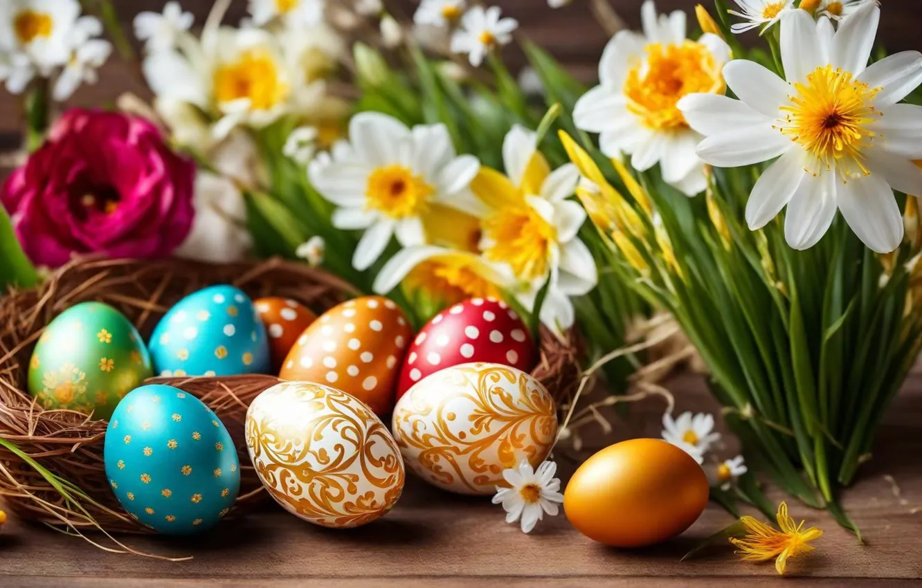 Фото обои цветы, яйца, весна, colorful, Пасха, happy, flowers, spring