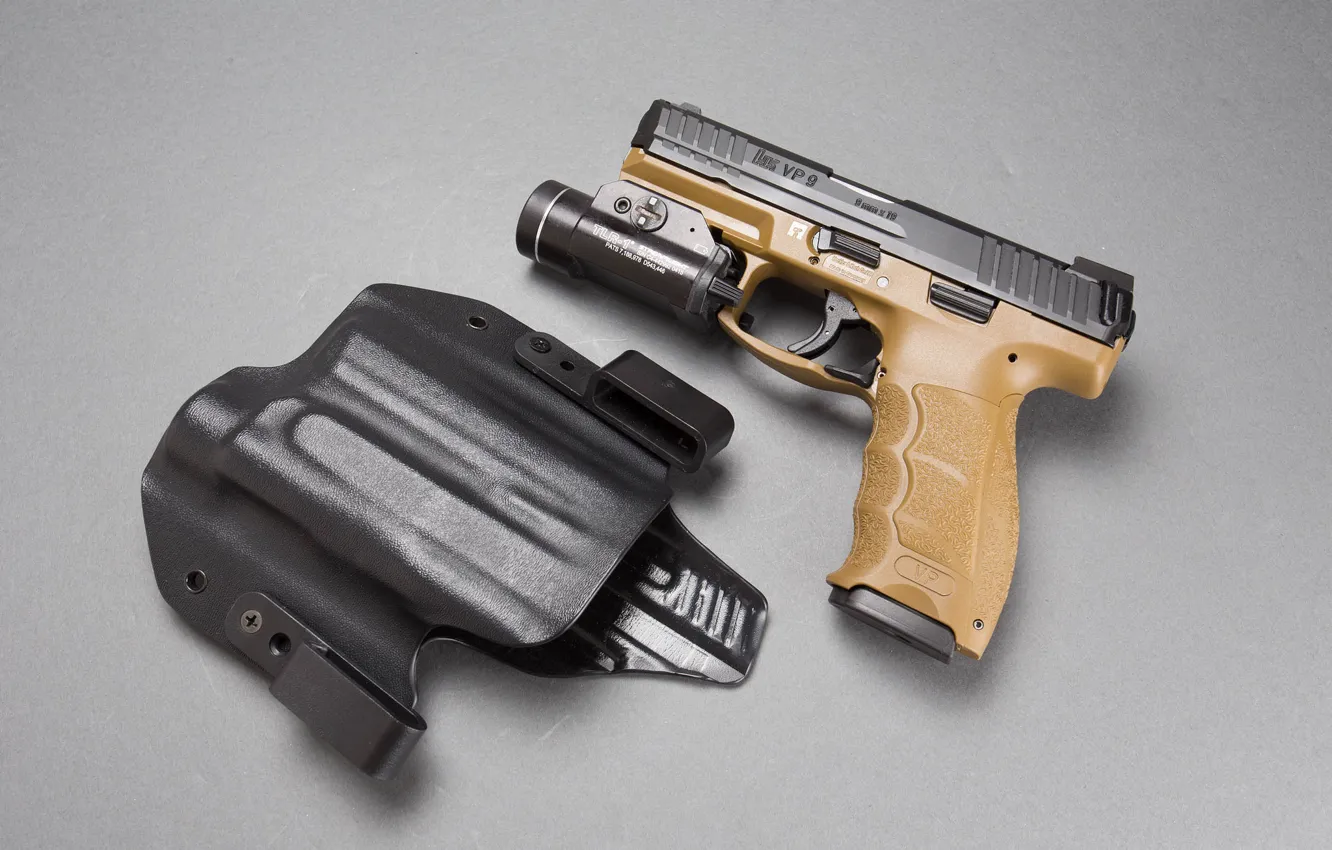 Фото обои фон, фонарик, Heckler &amp; Koch, самозарядный пистолет, 9 мм, VP9